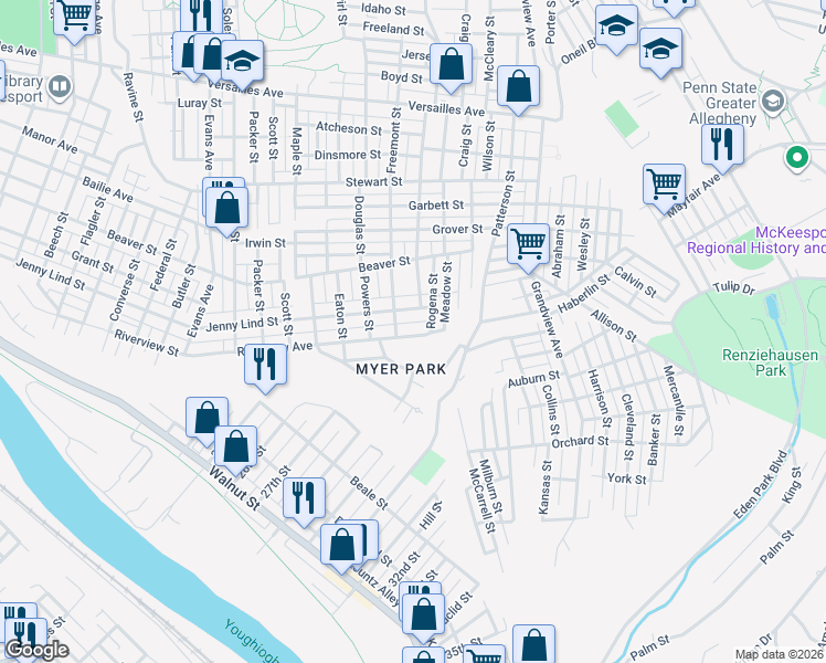 map of restaurants, bars, coffee shops, grocery stores, and more near 3002 Riverview Street in McKeesport