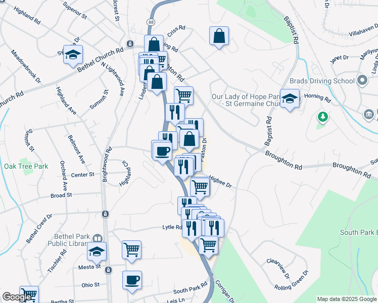 map of restaurants, bars, coffee shops, grocery stores, and more near 5055 Library Road in Bethel Park
