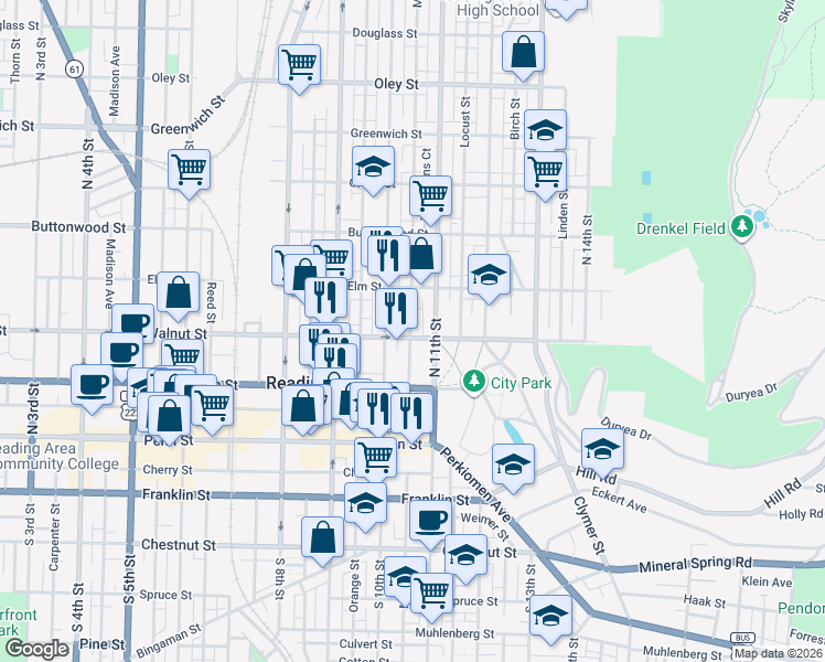 map of restaurants, bars, coffee shops, grocery stores, and more near 140 North 11th Street in Reading
