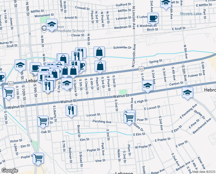 map of restaurants, bars, coffee shops, grocery stores, and more near 228 Chestnut Street in Lebanon