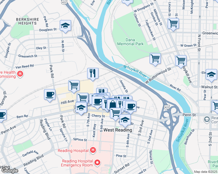 map of restaurants, bars, coffee shops, grocery stores, and more near 200 Tulpehocken Avenue in West Reading