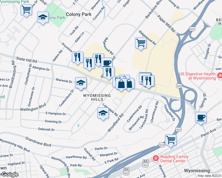 map of restaurants, bars, coffee shops, grocery stores, and more near 2 Valley Road in Reading