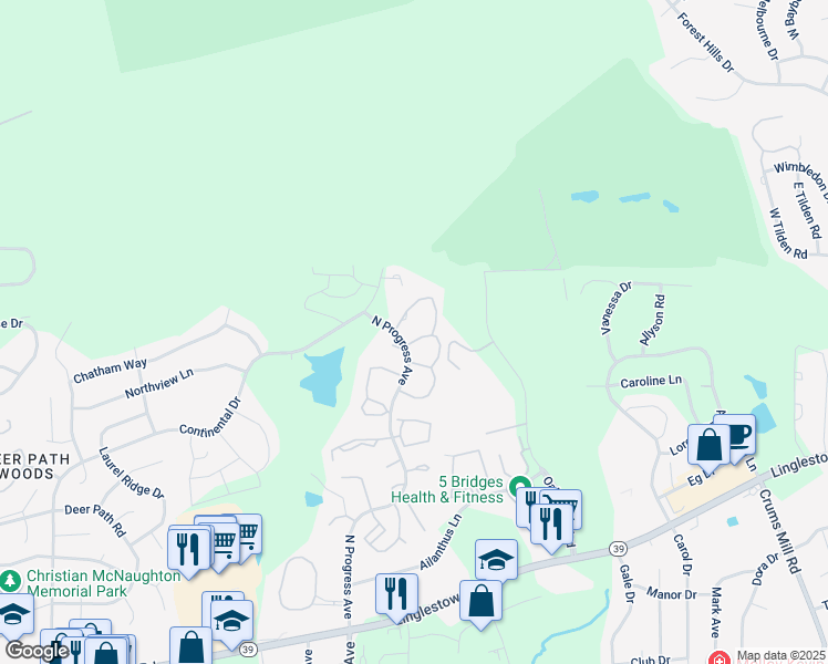 map of restaurants, bars, coffee shops, grocery stores, and more near 25100 Saddle Ridge Drive in Harrisburg