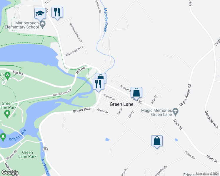 map of restaurants, bars, coffee shops, grocery stores, and more near 116 Main Street in Green Lane