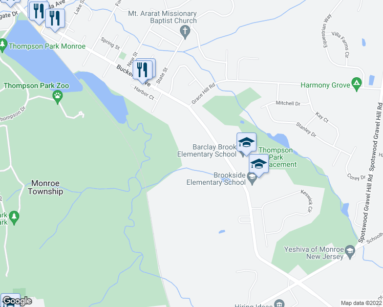 map of restaurants, bars, coffee shops, grocery stores, and more near 345 Buckelew Avenue in Monroe Township