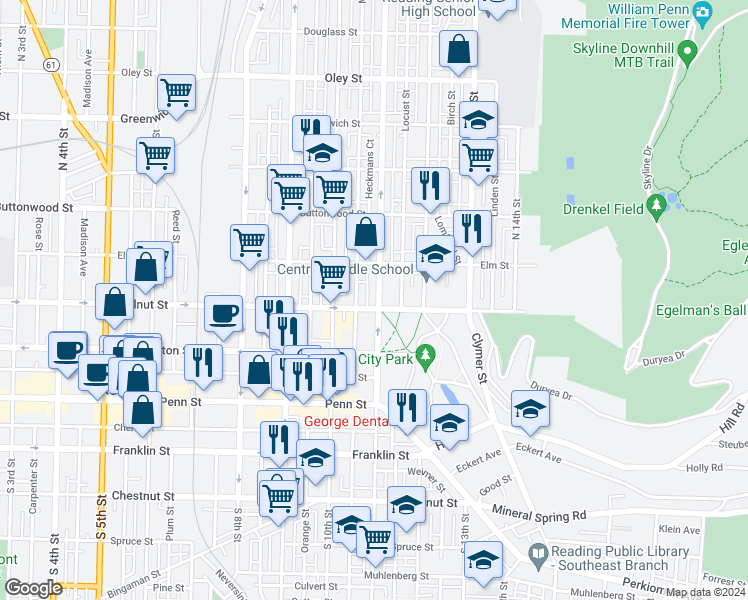 map of restaurants, bars, coffee shops, grocery stores, and more near 208 North 11th Street in Reading
