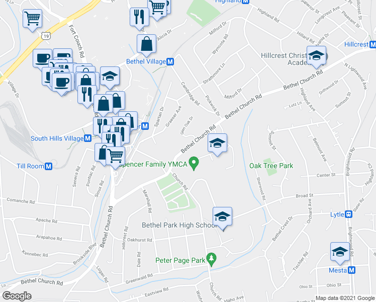 map of restaurants, bars, coffee shops, grocery stores, and more near 2907 Bethel Church Road in Bethel Park