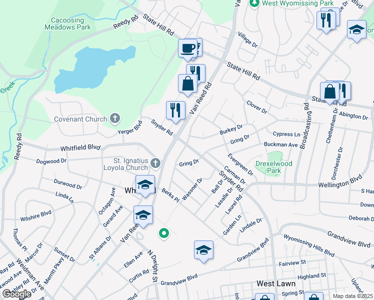 map of restaurants, bars, coffee shops, grocery stores, and more near 2300 Bressler Drive in West Lawn