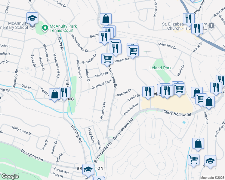 map of restaurants, bars, coffee shops, grocery stores, and more near 5404 Brownsville Road in Pittsburgh