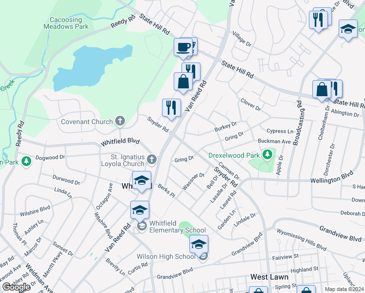 map of restaurants, bars, coffee shops, grocery stores, and more near 2300 Bressler Drive in West Lawn