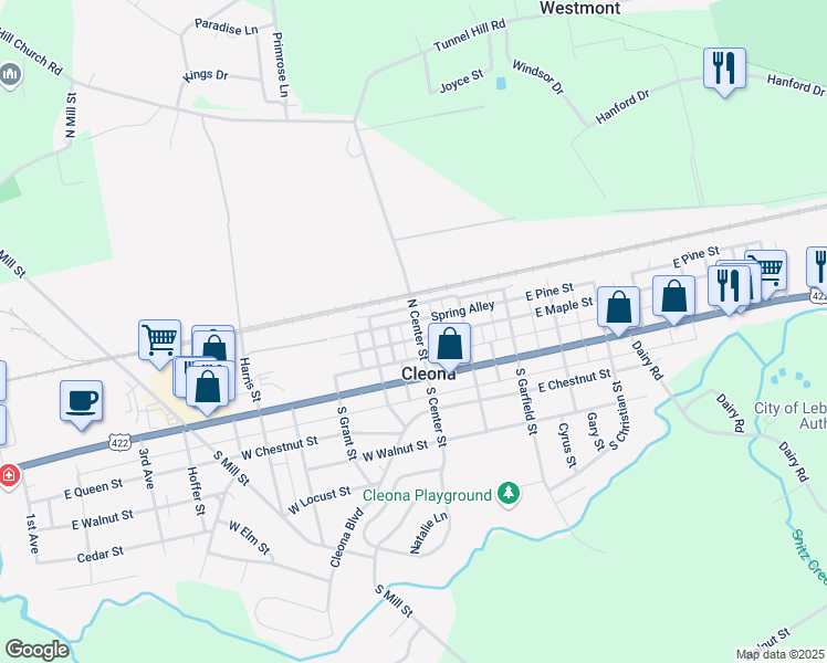 map of restaurants, bars, coffee shops, grocery stores, and more near 109 North Center Street in Cleona