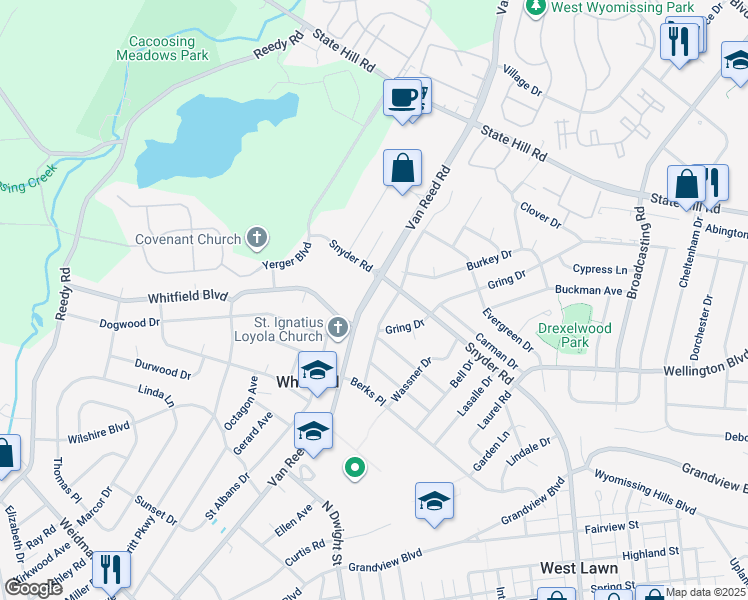 map of restaurants, bars, coffee shops, grocery stores, and more near 2306 Van Reed Road in Reading