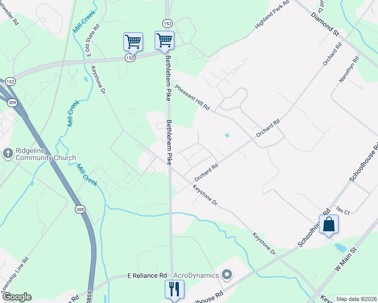 map of restaurants, bars, coffee shops, grocery stores, and more near 117 Devonshire Way in Sellersville