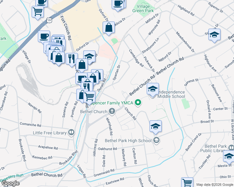 map of restaurants, bars, coffee shops, grocery stores, and more near 250 Church Road in Pittsburgh