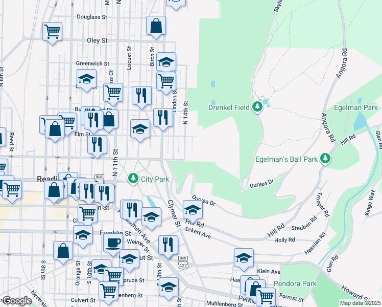 map of restaurants, bars, coffee shops, grocery stores, and more near 1401 Walnut Street in Reading