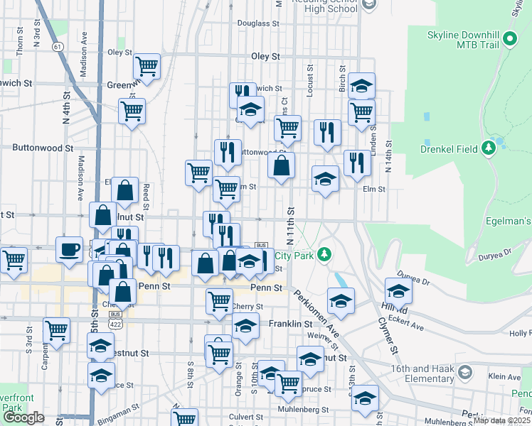 map of restaurants, bars, coffee shops, grocery stores, and more near 143 North 10th Street in Reading