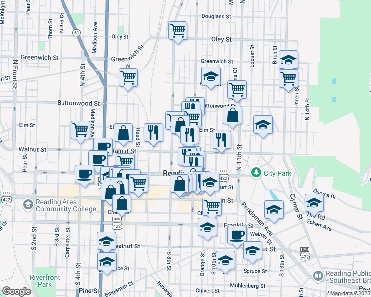 map of restaurants, bars, coffee shops, grocery stores, and more near in Reading