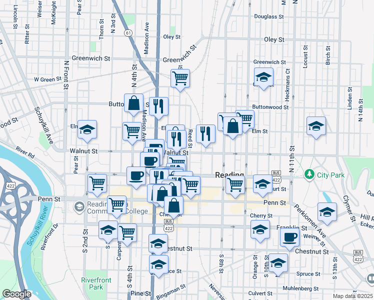map of restaurants, bars, coffee shops, grocery stores, and more near 131 North 6th Street in Reading