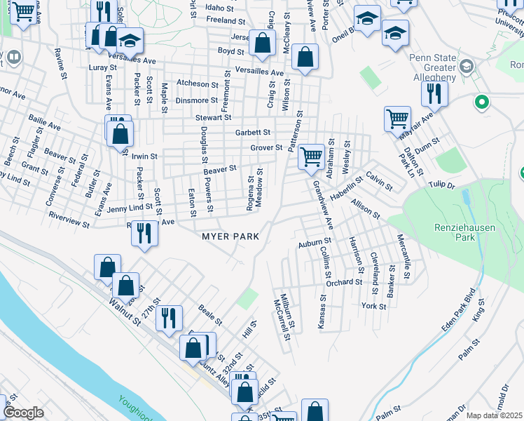 map of restaurants, bars, coffee shops, grocery stores, and more near 3024 Riverview Street in McKeesport