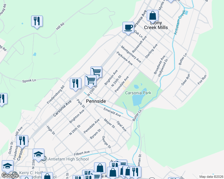 map of restaurants, bars, coffee shops, grocery stores, and more near 809 Penndale Avenue in Reading