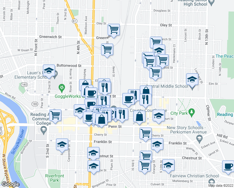 map of restaurants, bars, coffee shops, grocery stores, and more near 641 Walnut Street in Reading