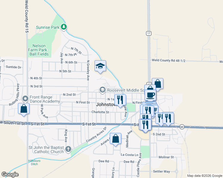 map of restaurants, bars, coffee shops, grocery stores, and more near 505 North 2nd Street in Johnstown
