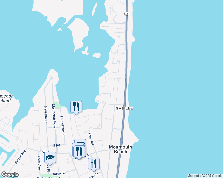 map of restaurants, bars, coffee shops, grocery stores, and more near 74 Seaview Avenue in Monmouth Beach