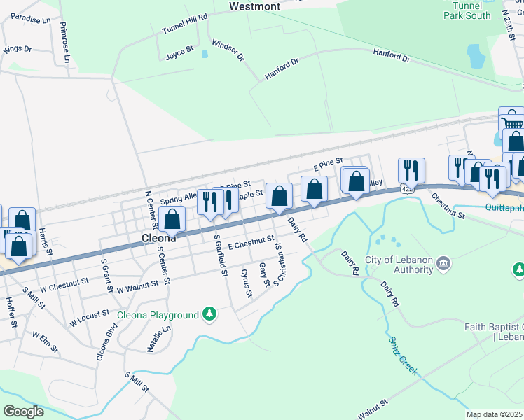 map of restaurants, bars, coffee shops, grocery stores, and more near 335 East Penn Avenue in Cleona