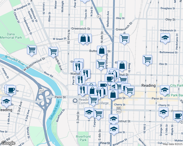 map of restaurants, bars, coffee shops, grocery stores, and more near 201 North 3rd Street in Reading