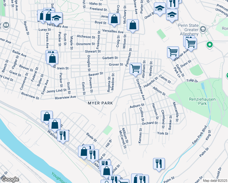 map of restaurants, bars, coffee shops, grocery stores, and more near 3024 Riverview Street in McKeesport