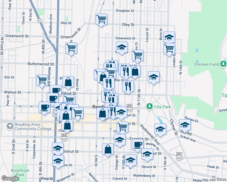 map of restaurants, bars, coffee shops, grocery stores, and more near 211 North 9th Street in Reading