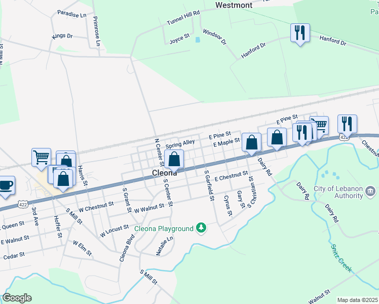map of restaurants, bars, coffee shops, grocery stores, and more near 118 East Maple Street in Cleona