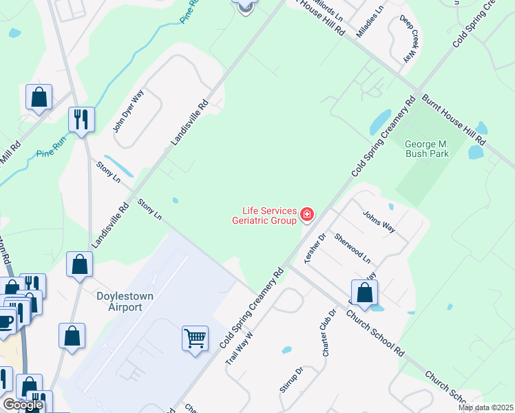 map of restaurants, bars, coffee shops, grocery stores, and more near 4137 Stony Lane in Doylestown