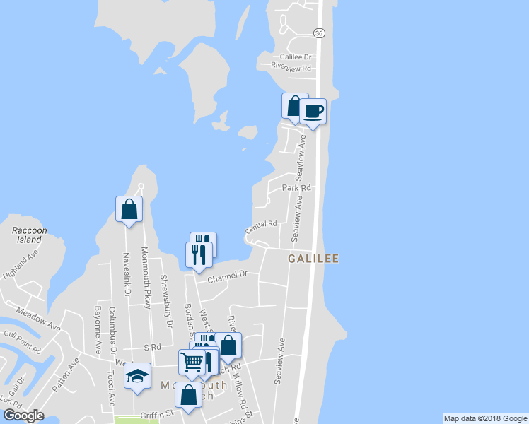 map of restaurants, bars, coffee shops, grocery stores, and more near 100 Wharfside Drive in Monmouth Beach
