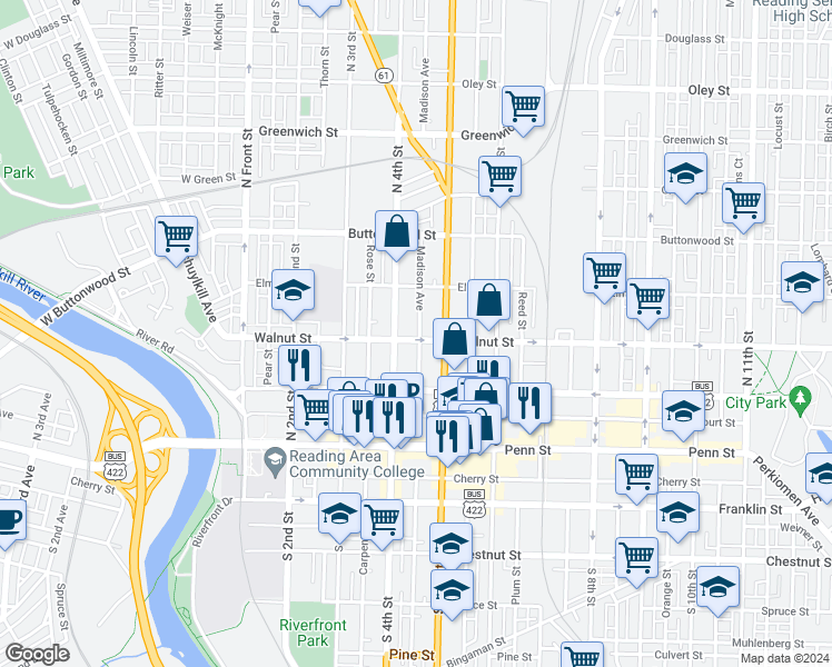 map of restaurants, bars, coffee shops, grocery stores, and more near 417 Walnut Street in Reading