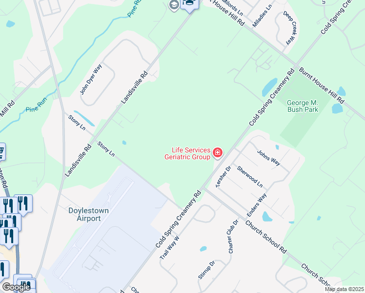 map of restaurants, bars, coffee shops, grocery stores, and more near 4137 Stony Lane in Doylestown