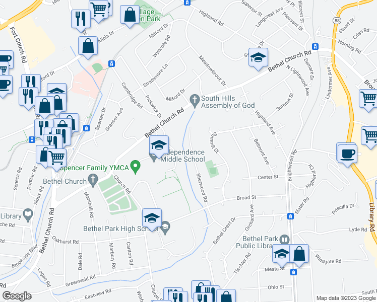 map of restaurants, bars, coffee shops, grocery stores, and more near 5016 Sherwood Road in Bethel Park