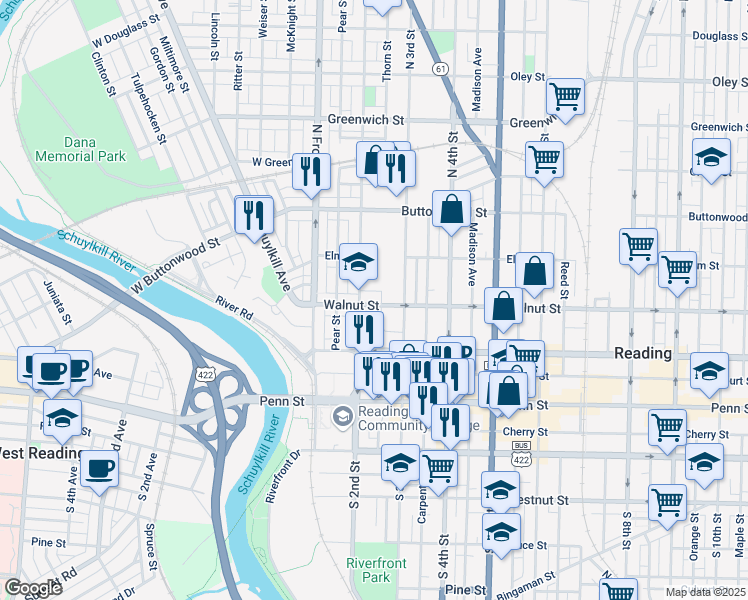 map of restaurants, bars, coffee shops, grocery stores, and more near 225 Walnut Street in Reading