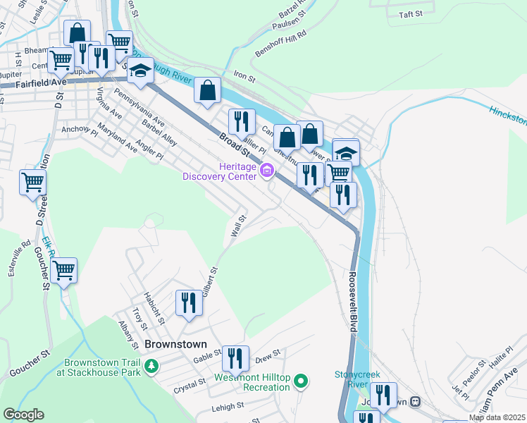 map of restaurants, bars, coffee shops, grocery stores, and more near 500 Pennsylvania Avenue in Johnstown
