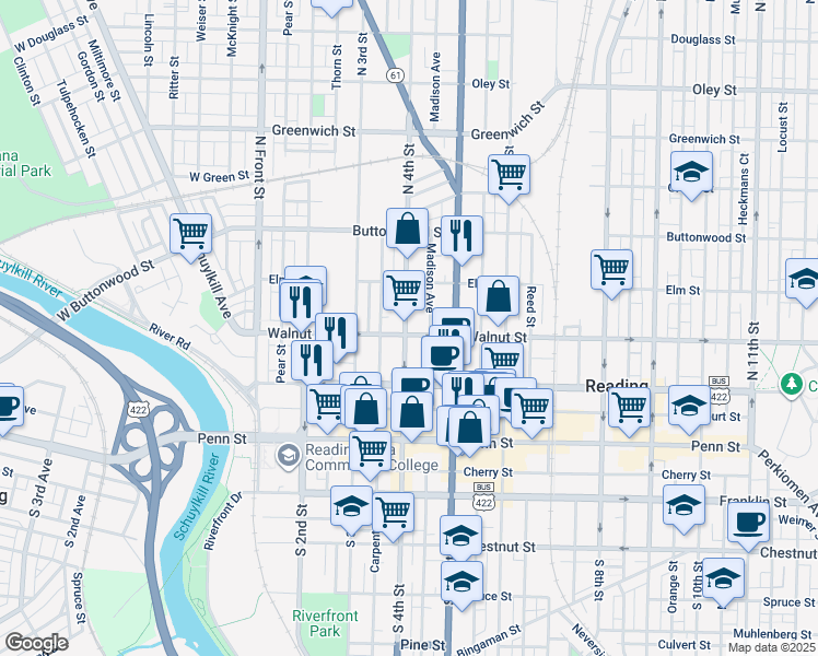 map of restaurants, bars, coffee shops, grocery stores, and more near 138 North 4th Street in Reading