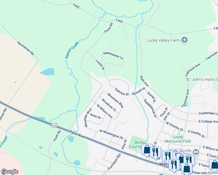 map of restaurants, bars, coffee shops, grocery stores, and more near 36 Sabrina Street in Wernersville