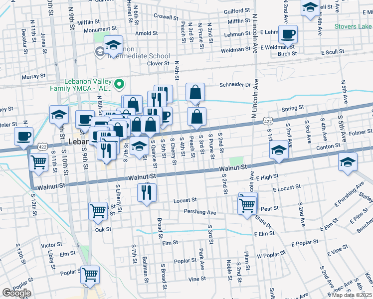 map of restaurants, bars, coffee shops, grocery stores, and more near 116 South 4th Street in Lebanon
