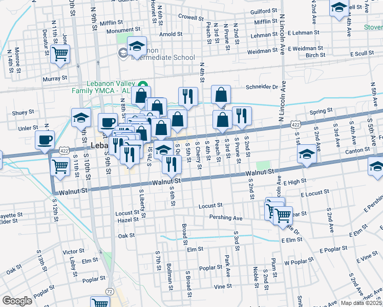 map of restaurants, bars, coffee shops, grocery stores, and more near 428 Chestnut Street in Lebanon