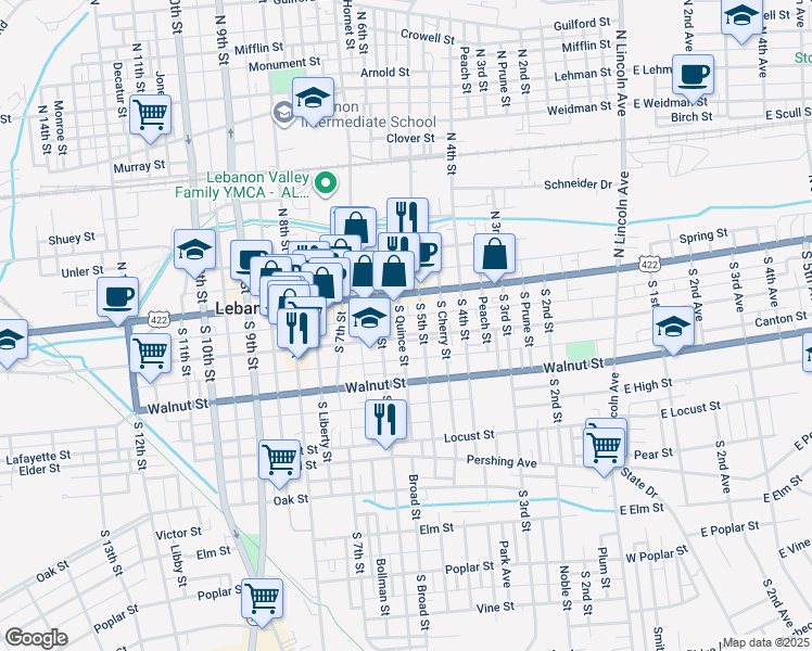 map of restaurants, bars, coffee shops, grocery stores, and more near 112 South 6th Street in Lebanon