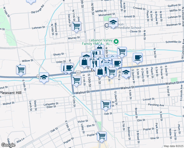 map of restaurants, bars, coffee shops, grocery stores, and more near 1001 Chestnut Street in Lebanon
