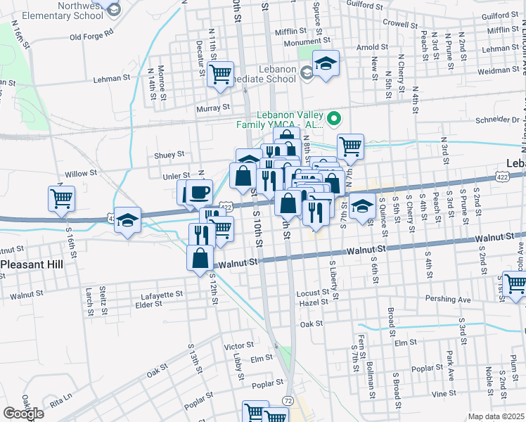 map of restaurants, bars, coffee shops, grocery stores, and more near 1001 Chestnut Street in Lebanon