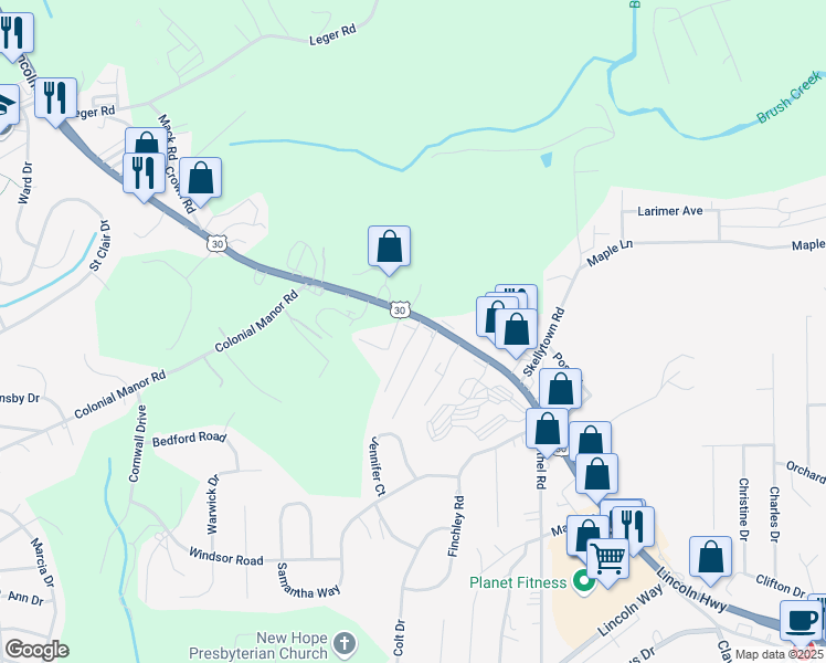 map of restaurants, bars, coffee shops, grocery stores, and more near 89 Shrader Lane in Irwin