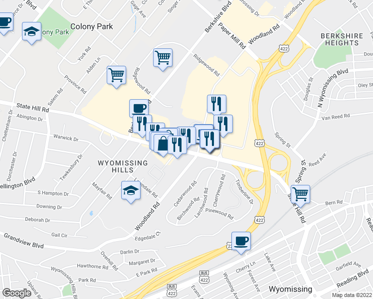 map of restaurants, bars, coffee shops, grocery stores, and more near 1701 State Hill Road in Reading