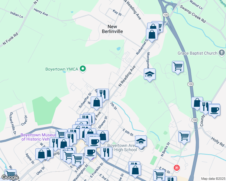 map of restaurants, bars, coffee shops, grocery stores, and more near 320 North Reading Avenue in Boyertown
