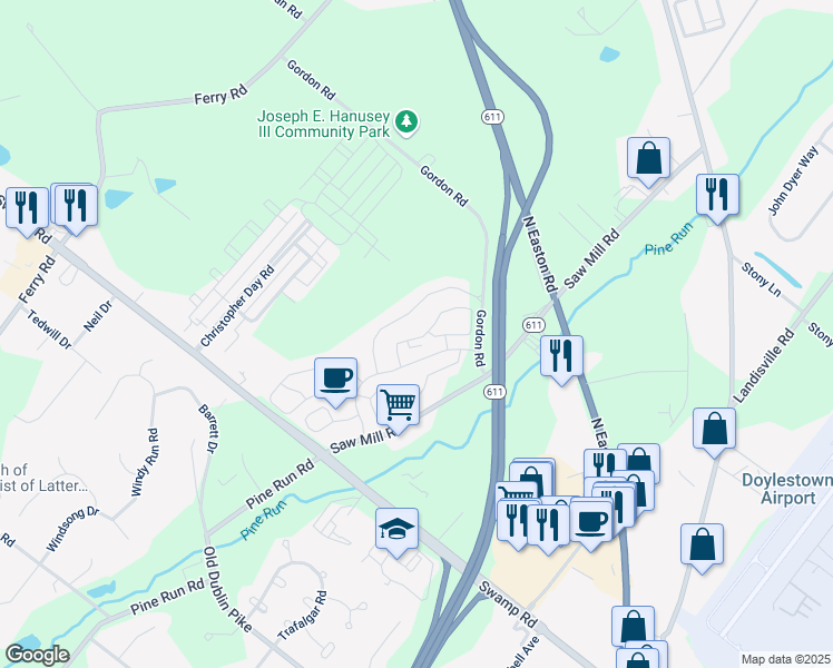 map of restaurants, bars, coffee shops, grocery stores, and more near 5412 Rinker Circle in Doylestown